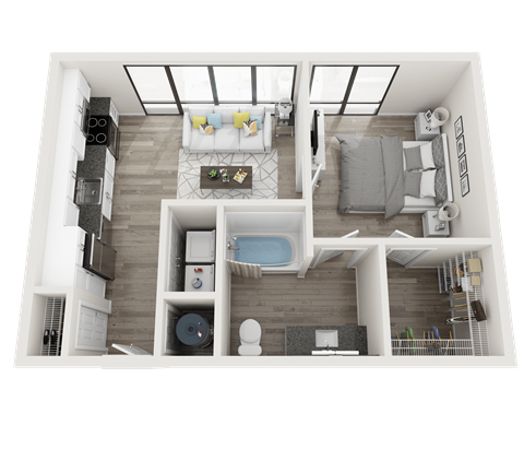 1 bedroom 1 bathroom Floor plan B at Link Apartments® Montford, Charlotte, 28209